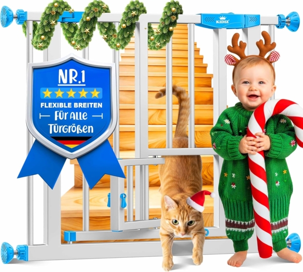 KIDIZ® Türschutzgitter Absperrgitter Treppengitter Kindergitter | mit Türe für Hunde und Katzen , Haustier | ohne Bohren | erweiterbar | kombinierbar mit Y-Spindeln | schwenkbar Blau, 74 - 87 cm
