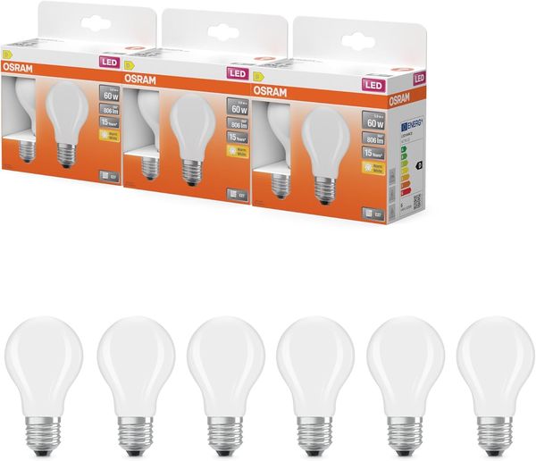 Osram LED-Lampe Star Kolbenform A60 Filament, 2700 K warmweiß, 5,9 W, E27, matt, 806 lm, 15.000h, für Decken- und Stehleuchten, blendfrei, Warmweiss