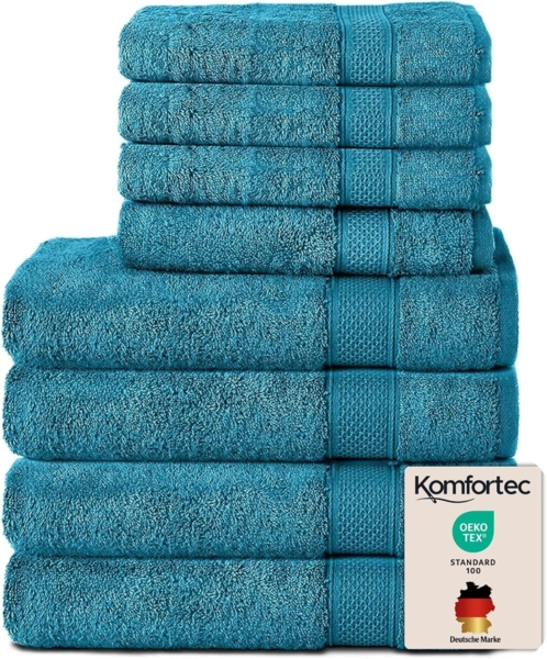 Komfortec 8er Handtuch Set aus 100% Baumwolle, 4 Badetücher 70x140 und 4 Handtücher 50x100 cm, Frottee, Weich, Towel, Groß, Türkis