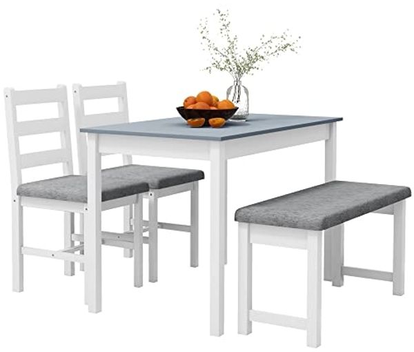 HOMCOM Essgruppe Esstisch mit 2 Gepolsterten Stühlen, Bank, (Esszimmergruppe, 4-tlg, Esstisch-Set), für Küche, Esszimmer, Kiefernholz, Grau+Weiß