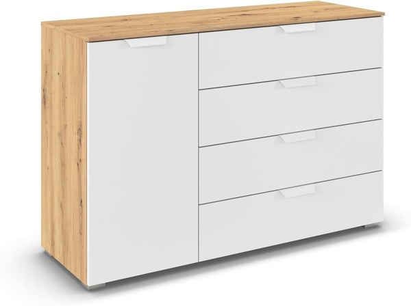 rauch Aditio Box, Kommode, 1-türig, 4 Schubladen, mit Softclose-Funktion, Farbe Weiß/Eiche Artisan, BxHxT 120x81x42cm