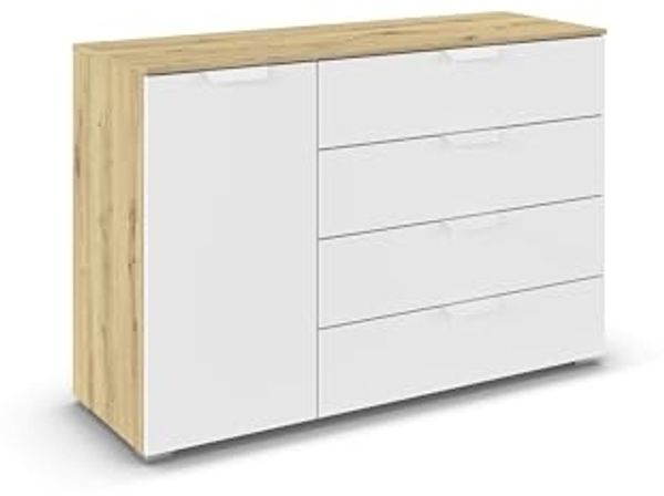 rauch Aditio Box, Kommode, 1-türig, 4 Schubladen, mit Softclose-Funktion, Farbe Weiß/Eiche Artisan, BxHxT 120x81x42cm