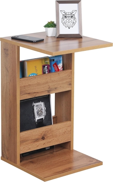 RICOO Kleiner Beistelltisch Holz 35 x 60 x 40 cm WM042-EW Couchtisch mit Stauraum Eiche Wotan Braun Wohnzimmertisch Kleiner Tisch Wohnzimmer Sofatisch Beistelltische C Form Konsolentisch
