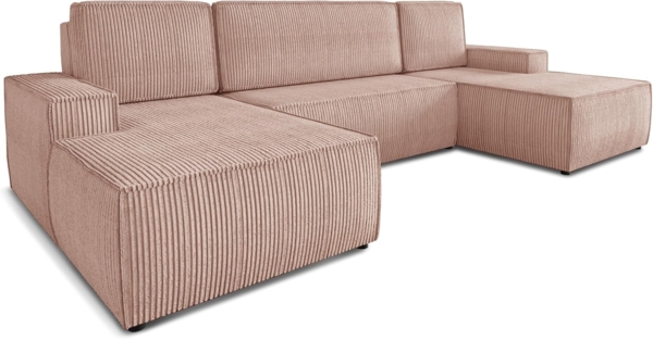 Wohnlandschaft mit Schlaffunktion Totti - U-Form Couch, Schlafsofa mit Bettkasten, Couchgranitur mit Bettfunktion, Big Sofa, Cord Stoff, Wohnzimmer (Rosa (Poso 052))