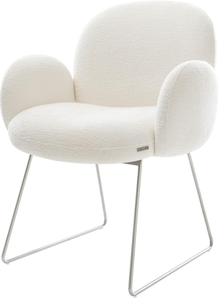Esszimmerstuhl Nube-Flex mit Armlehnen Bouclé Soft Beige Kufengestell Edelstahl Taschenfederkern