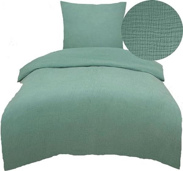 KH-Haushaltshandel Bettwäsche 4-tlg. Musselin Bettwäsche 2x (135x200 + 80x80 cm), bügelfrei, Musselin, 4 teilig, uni/einfarbig, jade-grün, 100% Baumwolle, bügelfrei