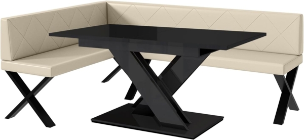 MEBLINI Eckbank für Esszimmer mit ausziehbarem Tisch - Küchenbank - Essecke - Sitzecke Küche - ERIC - X-Beine 142x196x87cm Links - Creme Kunstleder/B Schwarz Hochgl.