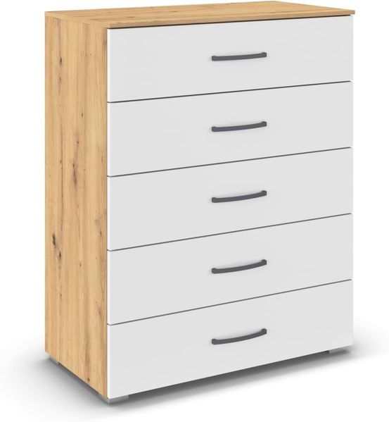 rauch Aditio Box, Kommode, 5 Schubladen, mit Softclose-Funktion, Farbe Weiß/Eiche Artisan, BxHxT 80x100x43cm