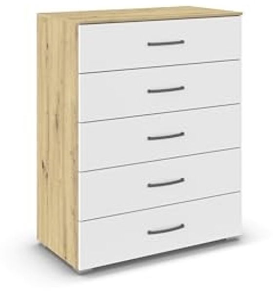 rauch Aditio Box, Kommode, 5 Schubladen, mit Softclose-Funktion, Farbe Weiß/Eiche Artisan, BxHxT 80x100x43cm