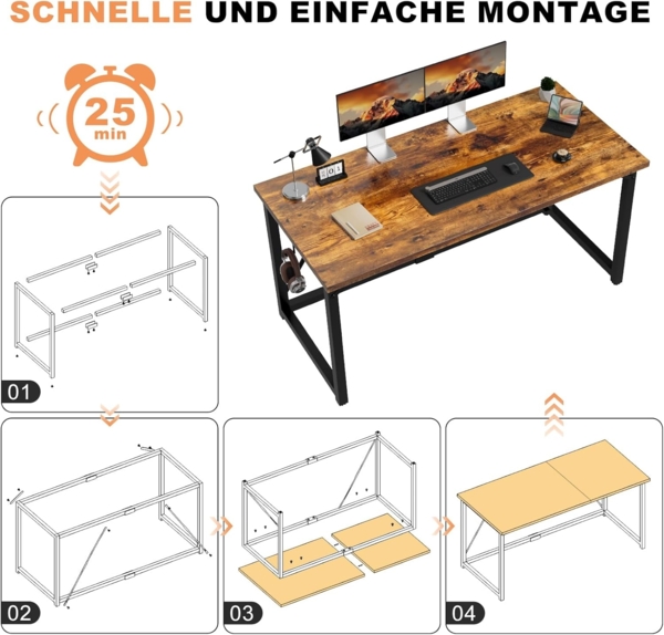Devoko Tisch, 140 x 50 x 75 cm Computertisch, Bürotisch für Arbeitszimmer, Schlafzimmer, Wohnzimmer, Vintage braun Bild 5