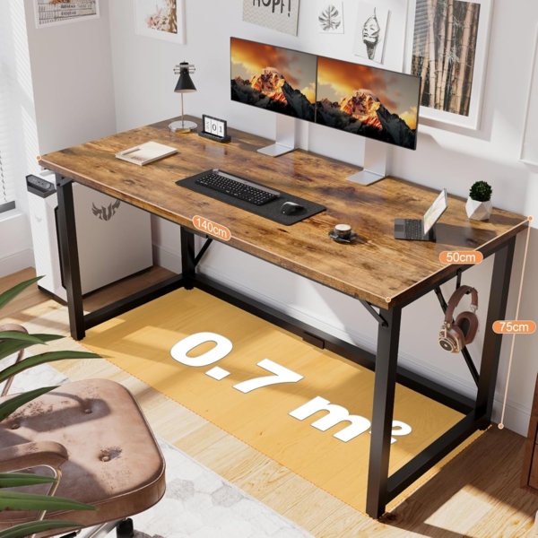 Devoko Tisch, 140 x 50 x 75 cm Computertisch, Bürotisch für Arbeitszimmer, Schlafzimmer, Wohnzimmer, Vintage braun Bild 3