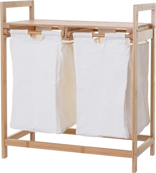 Wäschesammler HWC-B83, Laundry Wäschesortierer Wäschekorb Wäschebehälter, Bambus 2 Fächer 74x64x33cm 70l ~ weiß