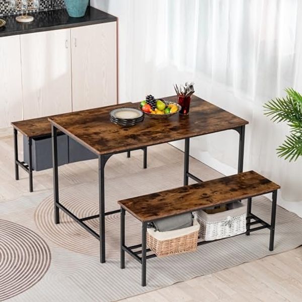 FurnitureR 3-teiliger Esstisch Set mit 2 Aufbewahrungsbänken, Vintage Holzplatte, schwarzer Metallrahmen, 110 cm Küchentisch, 2 Aufbewahrungsbänke von 100cm je, rustikal braun und schwarz