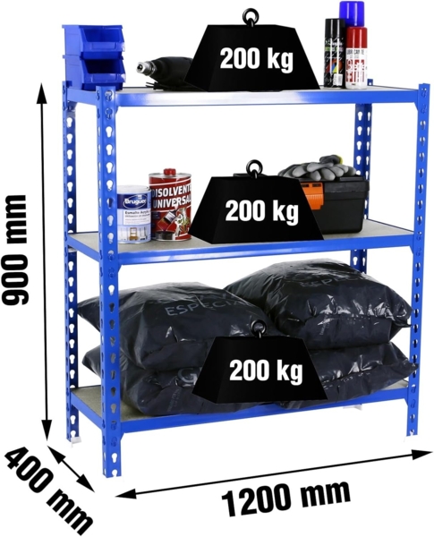 Simonrack Schwerlastregal, Lagerregal, 90 x 120 x 40 cm, Metallregal, Kellerregal, Biegestelle 200 kg, 3 Holzfachböden, Blau/Holz - Maderclick Bild 2