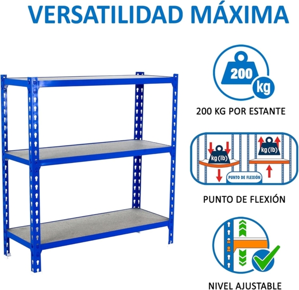 Simonrack Schwerlastregal, Lagerregal, 90 x 120 x 40 cm, Metallregal, Kellerregal, Biegestelle 200 kg, 3 Holzfachböden, Blau/Holz - Maderclick Bild 4