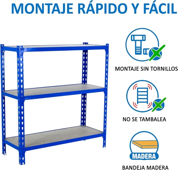 Simonrack Schwerlastregal, Lagerregal, 90 x 120 x 40 cm, Metallregal, Kellerregal, Biegestelle 200 kg, 3 Holzfachböden, Blau/Holz - Maderclick Bild 5