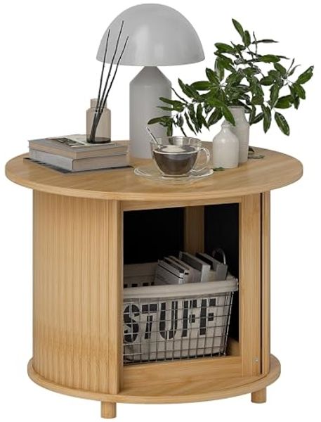 HOMCOM Couchtisch Wohnzimmertisch aus Bambus mit verstecktem Stauraum und Schiebetür (1-St), für Wohnzimmer, Natur, Ø60 x 45 cm