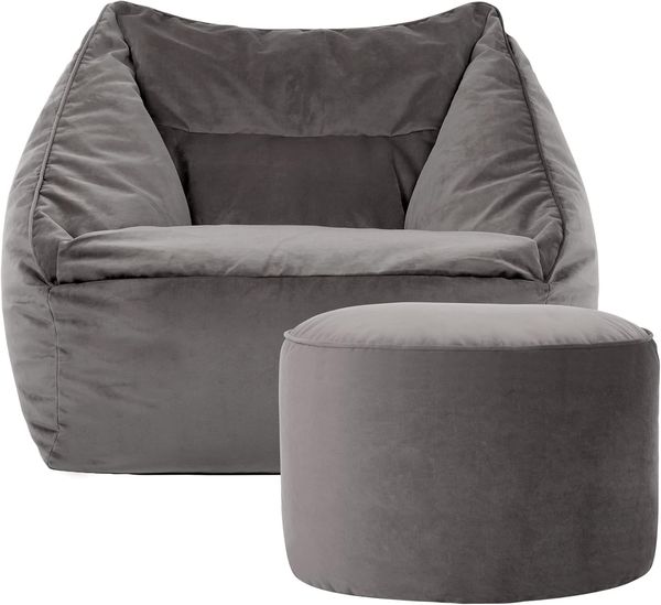 Icon Riesen Sitzsack Sessel „Natalia“ mit Sitzpuff, Anthrazitgrau, Plüsch XXL Sitzsack Erwachsene mit Füllung für das Wohnzimmer, Riesensitzsack Sofa XXL