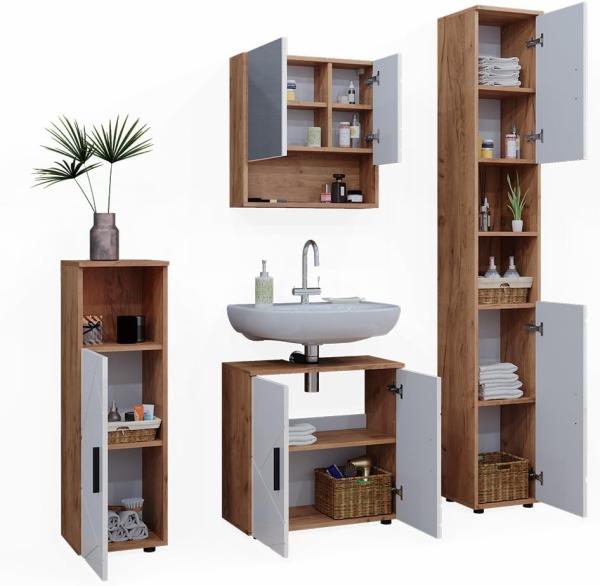 Badmöbel-Set Irma Weiß Hochglanz/Goldkraft Eiche 4 Teile, mit Hochschrank Vicco