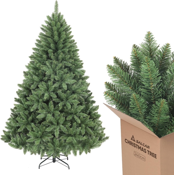 SALCAR 240 cm Künstlicher Weihnachtsbaum, naturgetreuer Tannenbaum mit 1546 Spitzen, grüne Nordmanntanne mit Klappsystem, ca. 166 cm übergroßer Baumdurchmesser