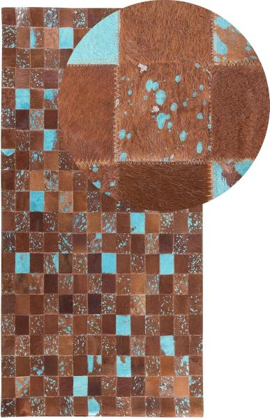 Teppich Kuhfell braun-blau 80x150 cm Patchwork ALIAGA