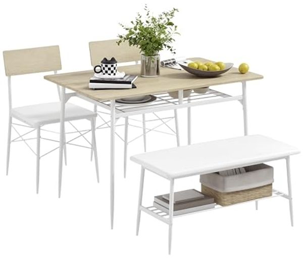 HOMCOM Essgruppe Esstisch mit 2 Stühlen, Bank, (Esszimmergruppe, 4-tlg, Küchentisch-Set), für kleine Räume, Küche, Wohnzimmer, Eiche