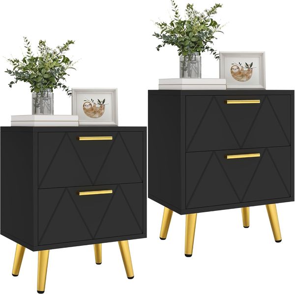 YITAHOME 2er-Set Nachttische mit 2 Schubladen, Moderner Nachttisch mit goldenen Metallbeinen und Griffen, Beistelltisch mit Stauraum für Wohnzimmer, Schlafzimmer, 40 x 30 x 52 cm (Schwarz)