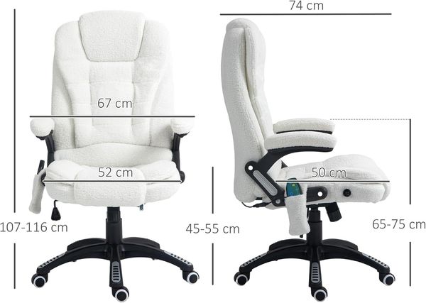 Vinsetto Bürostuhl, Massagesessel, beheizt, Bürostuhl, ergonomischer Stuhl mit Verstellbarer Höhe, neigbare Rückenlehne und Fernbedienung, kabelgebunden, 360° drehbar, Polyestergewebe, Weiß Bild 3