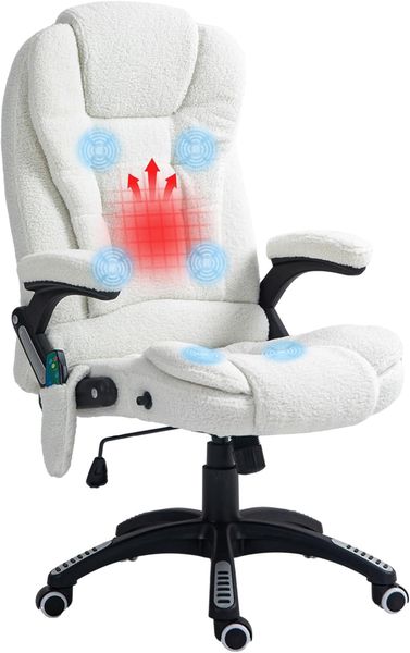 Vinsetto Bürostuhl, Massagesessel, beheizt, Bürostuhl, ergonomischer Stuhl mit Verstellbarer Höhe, neigbare Rückenlehne und Fernbedienung, kabelgebunden, 360° drehbar, Polyestergewebe, Weiß