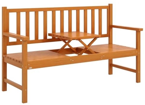 Outsunny Bank 3-Sitzer Sitzbank mit Tisch, Parkbank mit Armlehne (Holzbank, 1-St, Gartenbank), für Balkon, Terrasse, Hellbraun, 153 x 56 x 91 cm