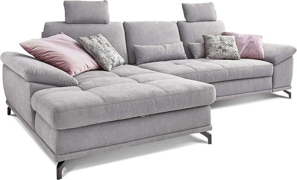 Cavadore L-Form-Sofa Castiel mit Federkern / Große Eckcouch mit Sitztiefenverstellung, Kopfstützen und XL-Longchair / 312 x 114 x 173 / Webstoff, Hellgrau