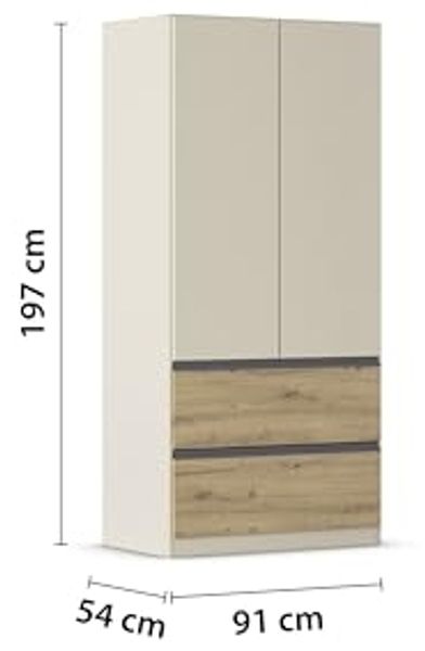 Rauch Möbel Costa, Kleiderschrank für Schlafzimmer, Kinderzimmer, Babyzimmer, Garderobe, Flur, 2-türig, 2 Schubladen, Push-to-Open, mit Zubehör Classic, Farbe Beige/Eiche Artisan, Holz, Breite 91 cm Bild 3