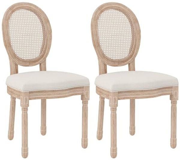 HOMCOM Esszimmerstuhl Küchenstuhl mit Rückenlehne, Polsterstuhl mit Leinenoptik (Essstuhl, 2 St), Wohnzimmer, Cremeweiß 48 x 57 x 96 cm