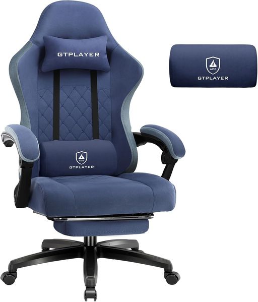 GTPLAYER Gaming Stuhl Stoff, Gaming Sessel mit Taschenfederkissen, ergonomischer Drehstuhl, Gamer Stuhl mit Fußstütze150 kg Belastbarkeit, dunkelblau