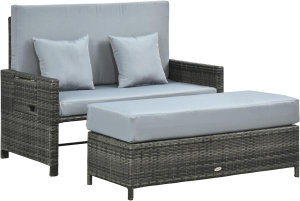 Outsunny Gartenlounge-Set Polyrattan Lounge-Sofa Zweisitzer-Gartensofa mit Liegefunktion, (Zweisitzer-Gartensofa mit Liegefunktion, 2-tlg, Zweisitzer-Gartensofa mit Liegefunktion), Polyrattan Lounge-Sofa 2-Sitzer Set Gartenliege Hocker Grau