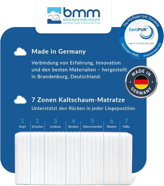 BMM Matratze 90x190 cm Klassik 19 Härtegrad H4 extra fest/Kaltschaummatratze Öko-Tex Zertifiziert/orthopädische 7 Zonen Matratze Höhe 19 cm/Matratzen produziert in Deutschland Bild 3