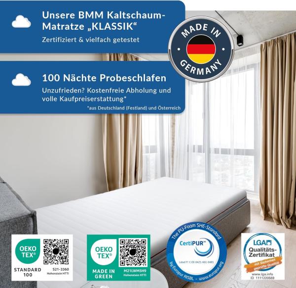 BMM Matratze 90x190 cm Klassik 19 Härtegrad H4 extra fest/Kaltschaummatratze Öko-Tex Zertifiziert/orthopädische 7 Zonen Matratze Höhe 19 cm/Matratzen produziert in Deutschland Bild 6