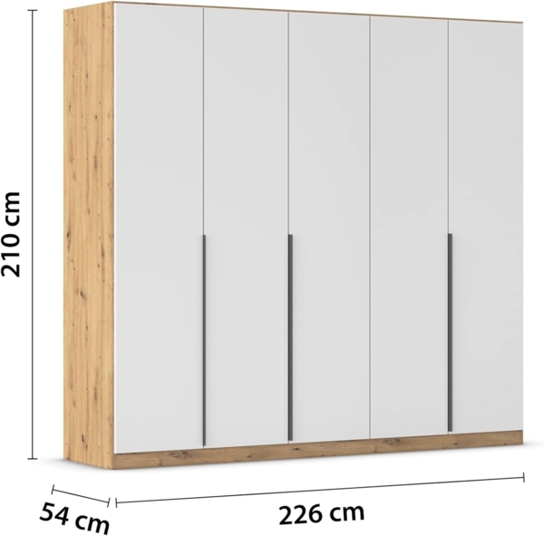 Rauch Möbel Alabama, Kleiderschrank, Garderobenschrank, 5-türig, Zubehör Classic, 3 Kleiderstangen, 6 Einlegeböden, Farbe Weiß/Eiche Artisan, Holz, Griff Grau metallic, 226 x 210 x 54 cm Bild 3
