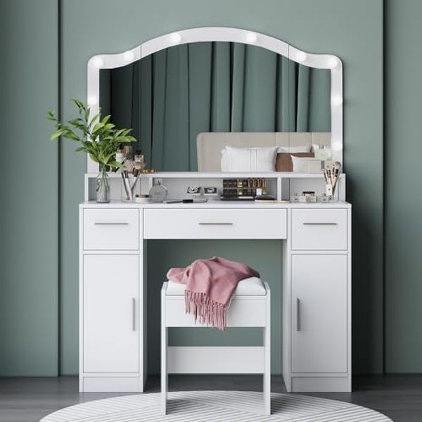 Schminktisch Lumira Weiß 110 cm mit LED-Spiegel und Hocker Vicco