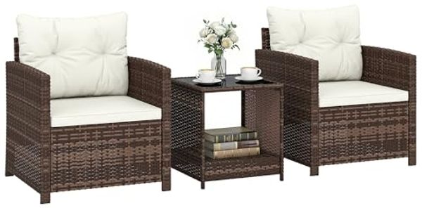 Outsunny Sitzgruppe mit 2 Sessel, 2-Ebene Glastisch, abnehmbar Sitzkissen, (Gartenmöbel-Set, 3-tlg, Rattan Bistroset), für Garten, Terrasse, Cremeweiß