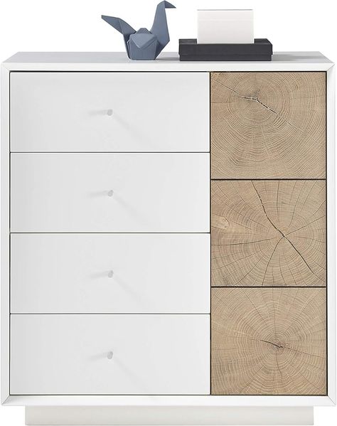 Robas Lund Wohnzimmerschrank Kommode weiß matt, Wohnzimmerschrank mit Absetzung Eiche Hirnholzoptik, BxHxT 76 x 83 x 40 cm