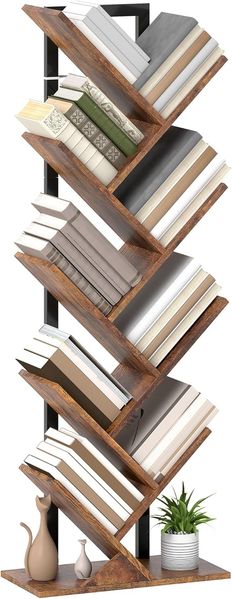 HOMCOM Bücherregal mit 9 Ebenen, im Baumform, Aufbewahrungsregal 1-tlg, für Wohnzimmer, Schlafzimmer, Büro, Rustikal Braun
