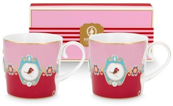 PiP Studio Becher Love Birds Medallion Red-Pink Henkelbecher Small 0,15l Set2, Porzellan