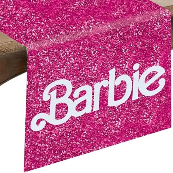 Amscan Malibu 1574100d-fc2c-4dee-b294-65a47ff2787a Barbie-Tischläufer, 33x183 cm, atemberaubende Dekoration und Material, perfekt für Kinderpartys, rosa, Stoff, modern, massiv, 1 Stück