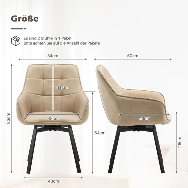 TUKAILAI Esszimmerstühle Drehbar, Drehstuhl esszimmer Kunstleder mit Armlehnen Rückenlehne Gepolsterter Sitz Metallbeine, Armlehnstuhl Küchenstühle Polsterstuhl Sessel für Küche (Beige) Bild 3