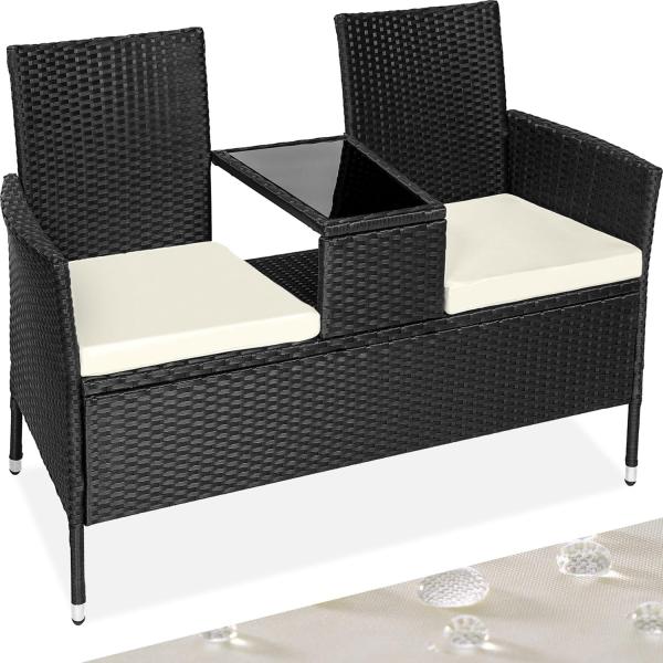 tectake 404557 Poly Rattan Gartenbank mit Tisch, 2-Sitzer Bank, 131 x 61 x 82 cm, Sitzbank für Garten Balkon und Terrasse, Gartensitzbank inkl. Sitzkissen, schwarz-beige