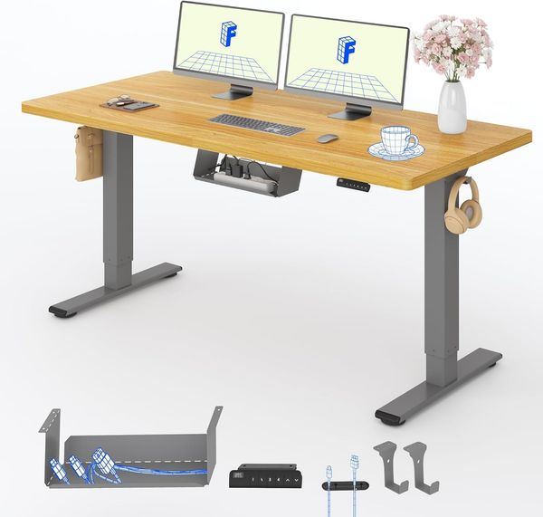 FLEXISPOT Basic Plus Elektrisch Höhenverstellbarer Schreibtisch (160x80 cm) mit Tischplatte 2-Fach-Teleskop, Sitz- & Stehpult mit Memory-Steuerung (ahorn+grau Gestell)