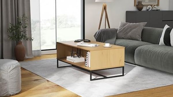 Inter Link - Couchtisch mit Stauraum - Beistelltisch - Wohnzimmertisch - geräumiger Sofatisch - Metallfüße - Oak Colori - 110 x 60 x 45 cm - Vivo