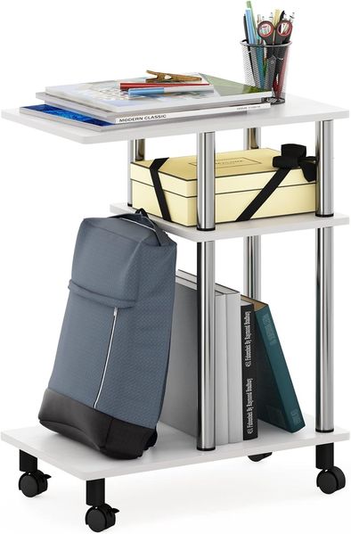 Furinno 18134WOKSS U Form Sofa Beistelltisch mit Rollen, Holzwerkstoff, Weiße Eiche/Edelstahl, 29.5 (D) x 50 (W) x 62.7 (H) cm