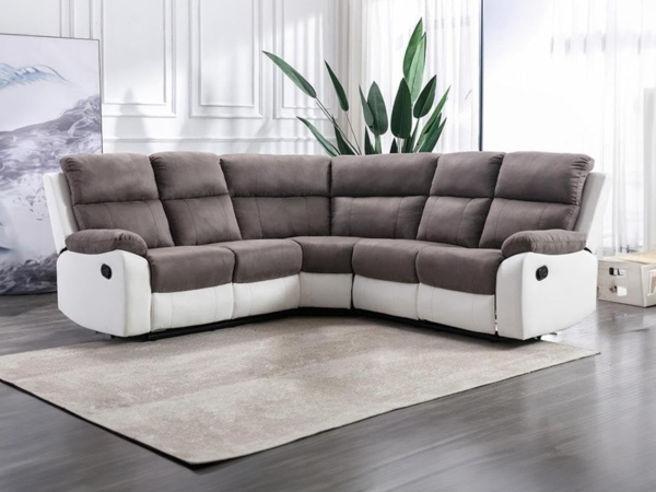 Vente-unique - Relaxsofa Ecksofa - Microfaser & Kunstleder - Grau & Weiß - TOLZANO